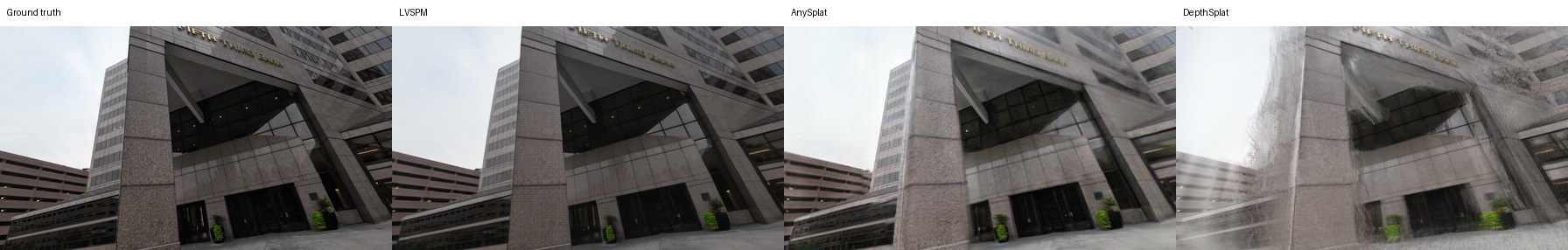 Ground truth, LVSPM, AnySplat, DepthSplat