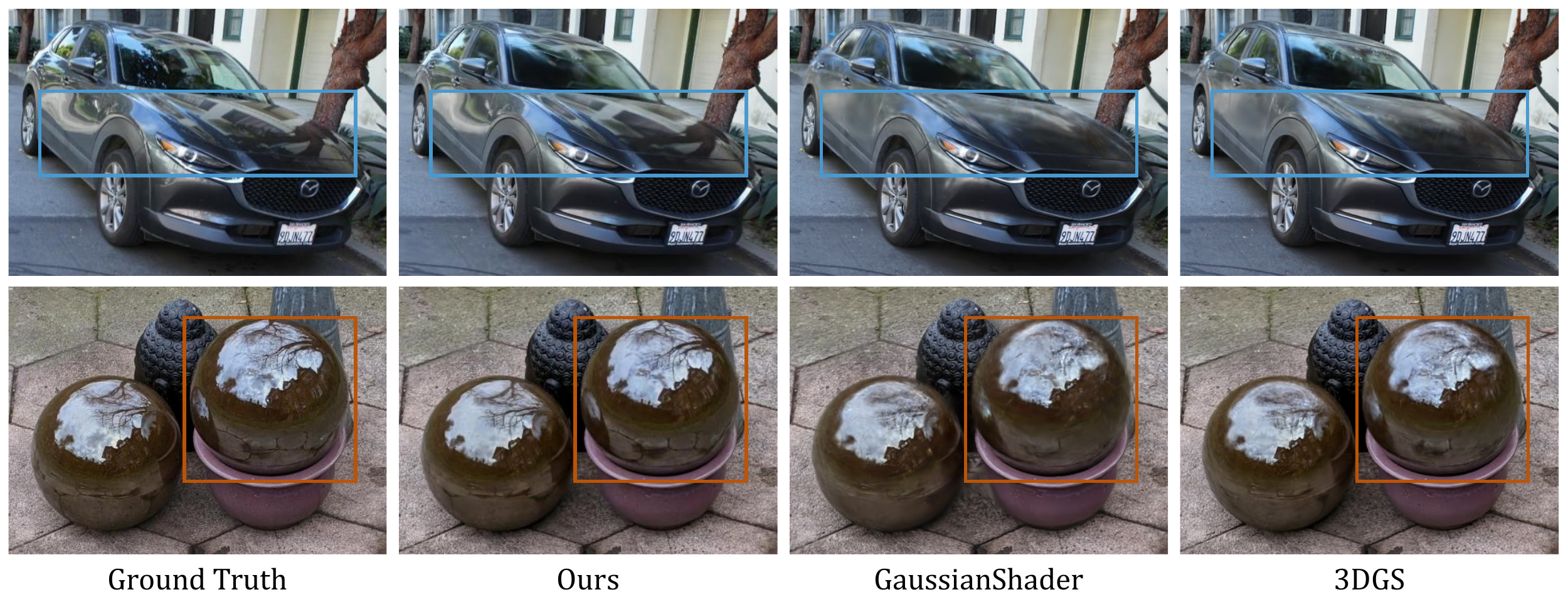 EnvGS Figure 1 comparing reflections reconstructed by the method and prior work